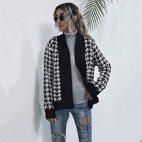 Damen Grobstrick-Cardigan im Hahnentritt mit Schalkragen und Bindegürtel Shop Nory