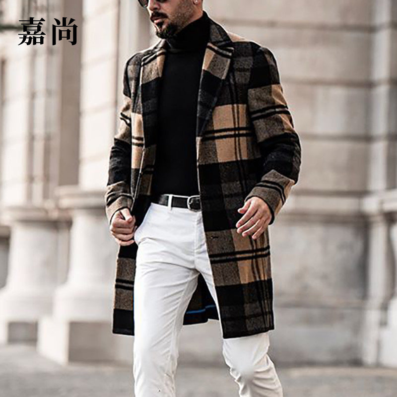Herren Langer karierter Wollmix-Mantel mit Reverskragen und schlanker Silhouette Shop Nory