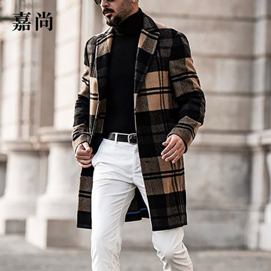 Herren Langer karierter Wollmix-Mantel mit Reverskragen und schlanker Silhouette Shop Nory