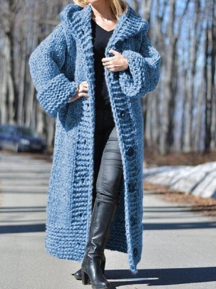 Damen Oversize Grobstrick Maximantel mit Kapuze und Knopfleiste Shop Nory