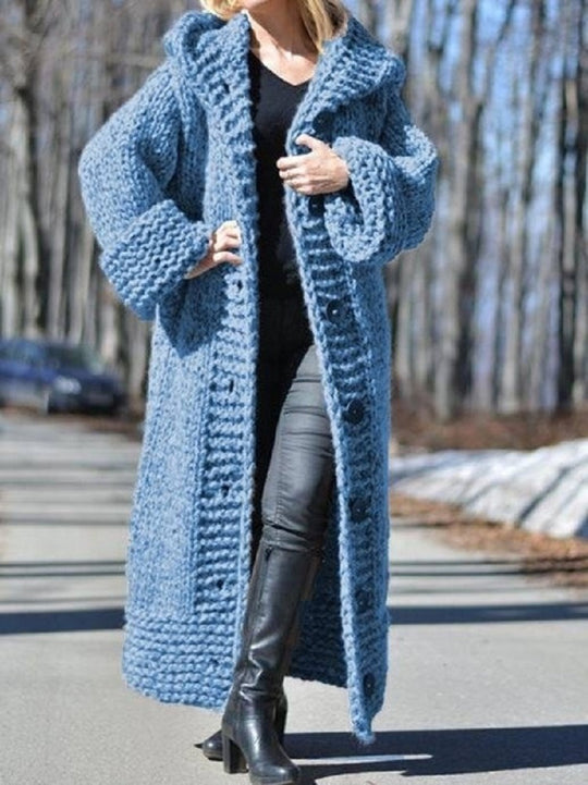 Damen Oversize Grobstrick Maximantel mit Kapuze und Knopfleiste Shop Nory