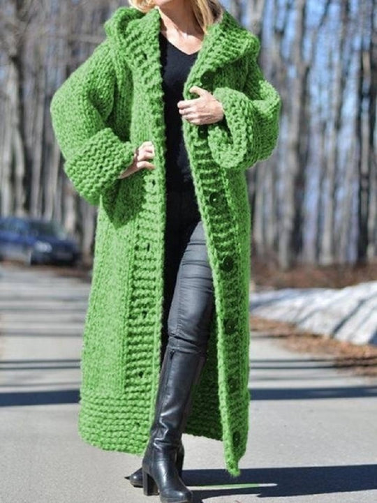 Damen Oversize Grobstrick Maximantel mit Kapuze und Knopfleiste Shop Nory