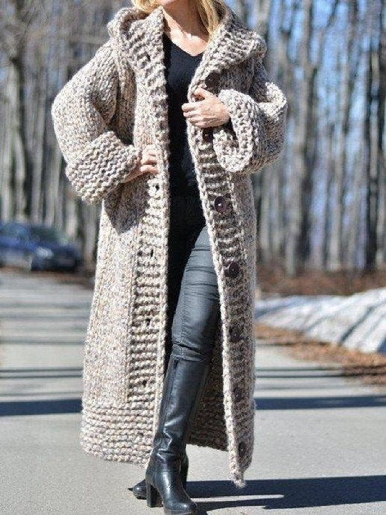 Damen Oversize Grobstrick Maximantel mit Kapuze und Knopfleiste Shop Nory
