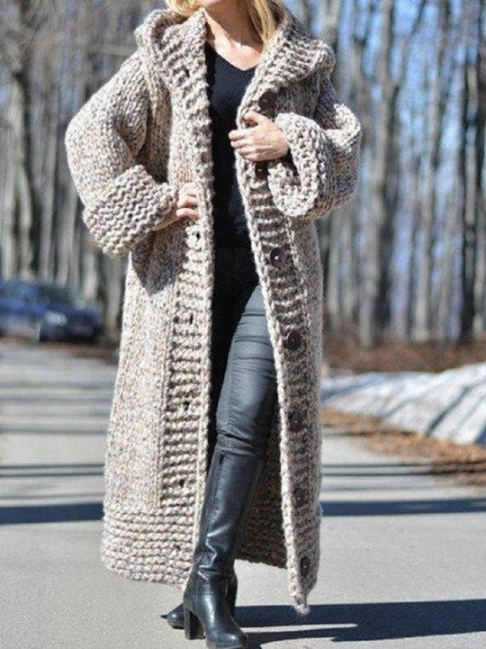 Damen Oversize Grobstrick Maximantel mit Kapuze und Knopfleiste Shop Nory