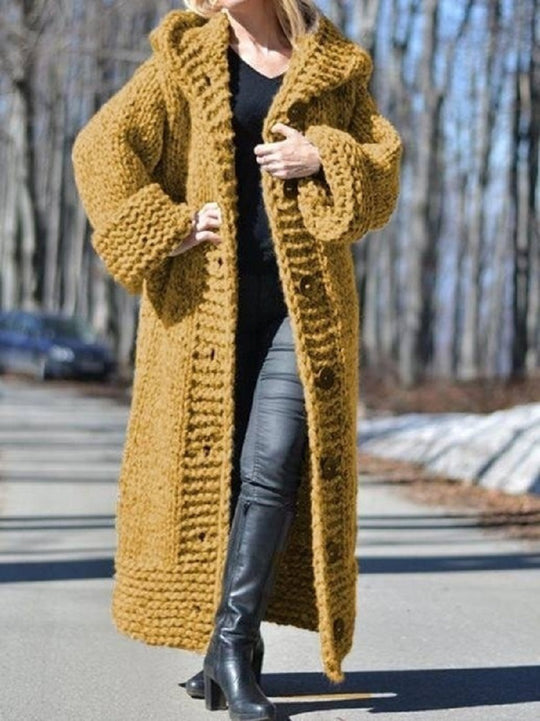 Damen Oversize Grobstrick Maximantel mit Kapuze und Knopfleiste Shop Nory