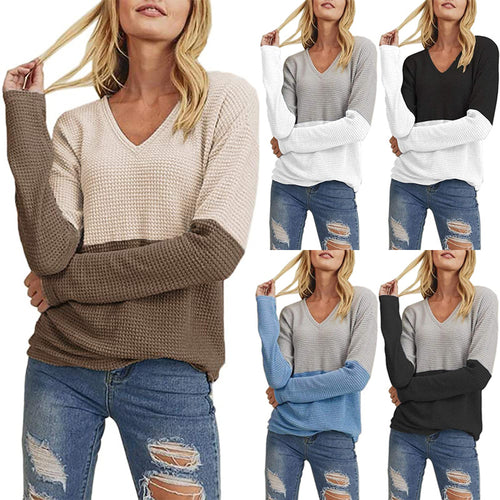 Damen Waffelstrick-Pullover mit V-Ausschnitt und Colorblock-Design Shop Nory