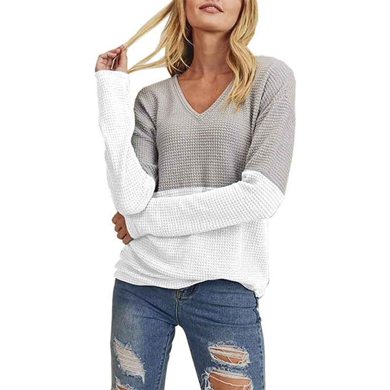 Damen Waffelstrick-Pullover mit V-Ausschnitt und Colorblock-Design Shop Nory