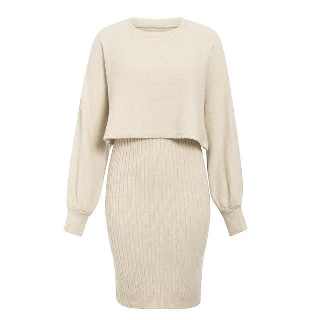 Damen Strickkleid mit cropped Oberteil und Rippstruktur