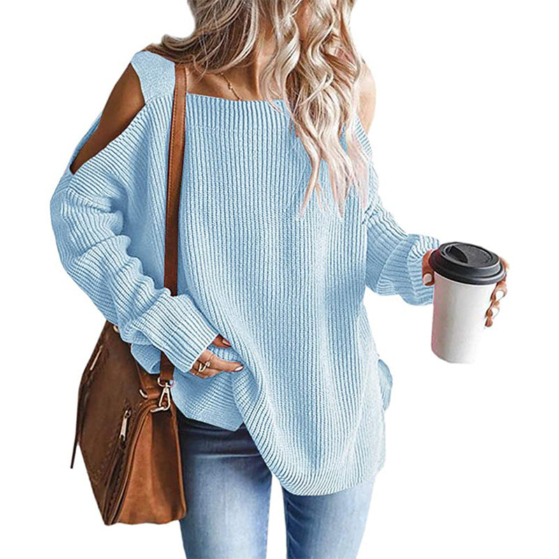 Damen Oversize Strickpullover mit Cut-Out-Schulter, geripptem Feinstrick und weitem U-Boot-Ausschnitt Shop Nory