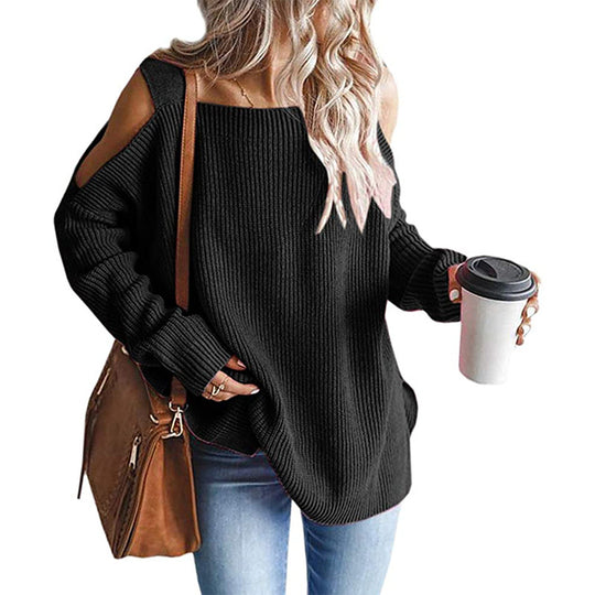 Damen Oversize-Rippstrickpullover mit Schulter-Cut-outs und weitem U-Boot-Ausschnitt Shop Nory