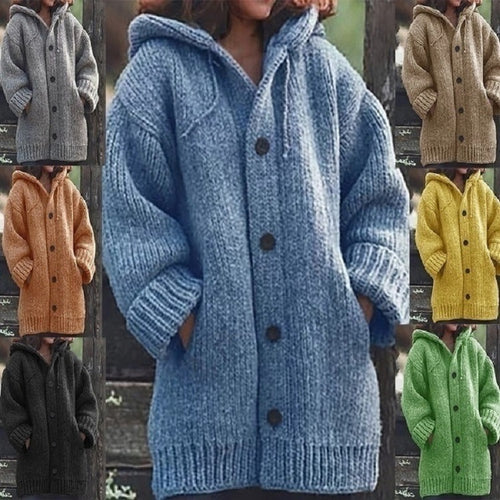 Damen Langgezogener Grobstrick-Mantelcardigan mit Kapuze, überschnittener Schulter und großen Knöpfen Shop Nory