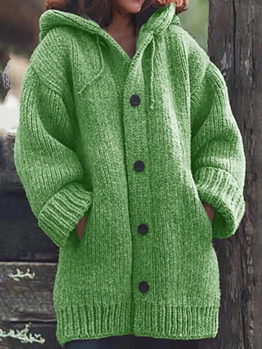 Damen Langgezogener Grobstrick-Mantelcardigan mit Kapuze, überschnittener Schulter und großen Knöpfen Shop Nory