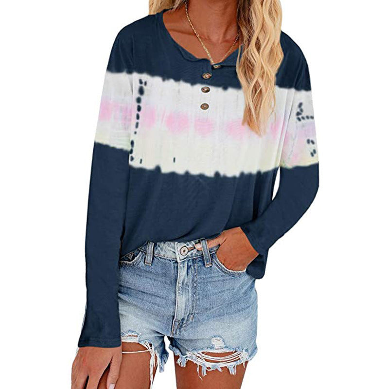 Damen Lässiges Longsleeve Henley-Shirt mit horizontalem Batikpanel Shop Nory