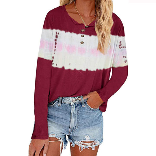 Damen Lässiges Longsleeve Henley-Shirt mit horizontalem Batikpanel Shop Nory