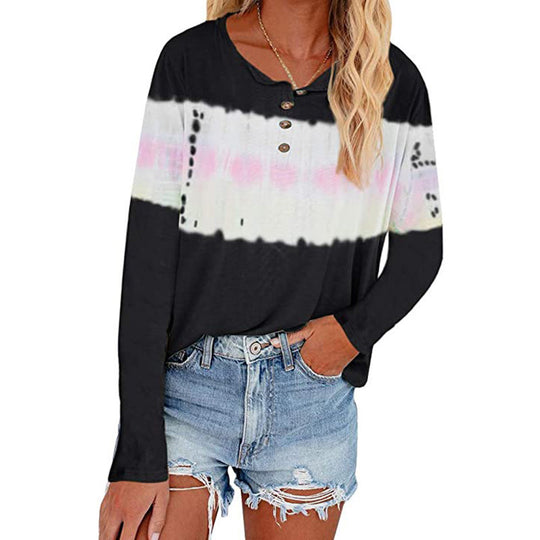 Damen Lässiges Longsleeve Henley-Shirt mit horizontalem Batikpanel Shop Nory