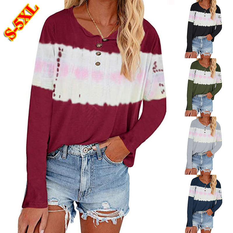 Damen Lässiges Longsleeve Henley-Shirt mit horizontalem Batikpanel Shop Nory