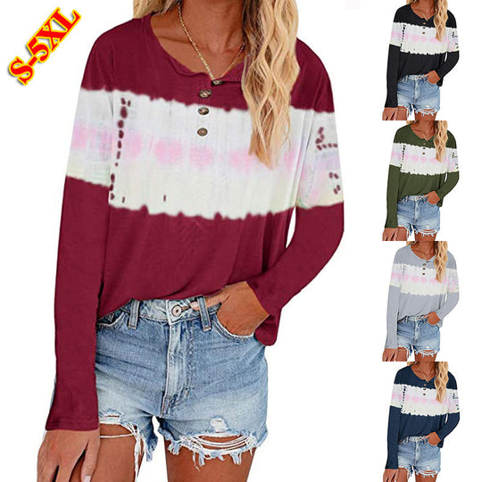 Damen Lässiges Longsleeve Henley-Shirt mit horizontalem Batikpanel Shop Nory
