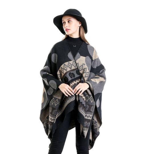 Damen Jacquard-Ruana‑Poncho mit Ethno‑Jacquard und offenem Oversize‑Fall Shop Nory