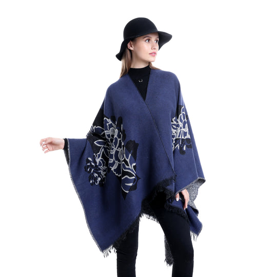 Damen Jacquard‑Ruana mit floralem Motiv, doppellagig und Fransensaum Shop Nory