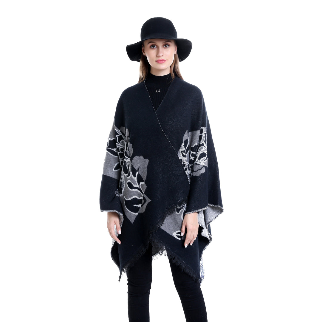 Damen Jacquard‑Ruana mit floralem Motiv, doppellagig und Fransensaum Shop Nory