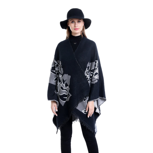 Damen Jacquard‑Ruana mit floralem Motiv, doppellagig und Fransensaum Shop Nory