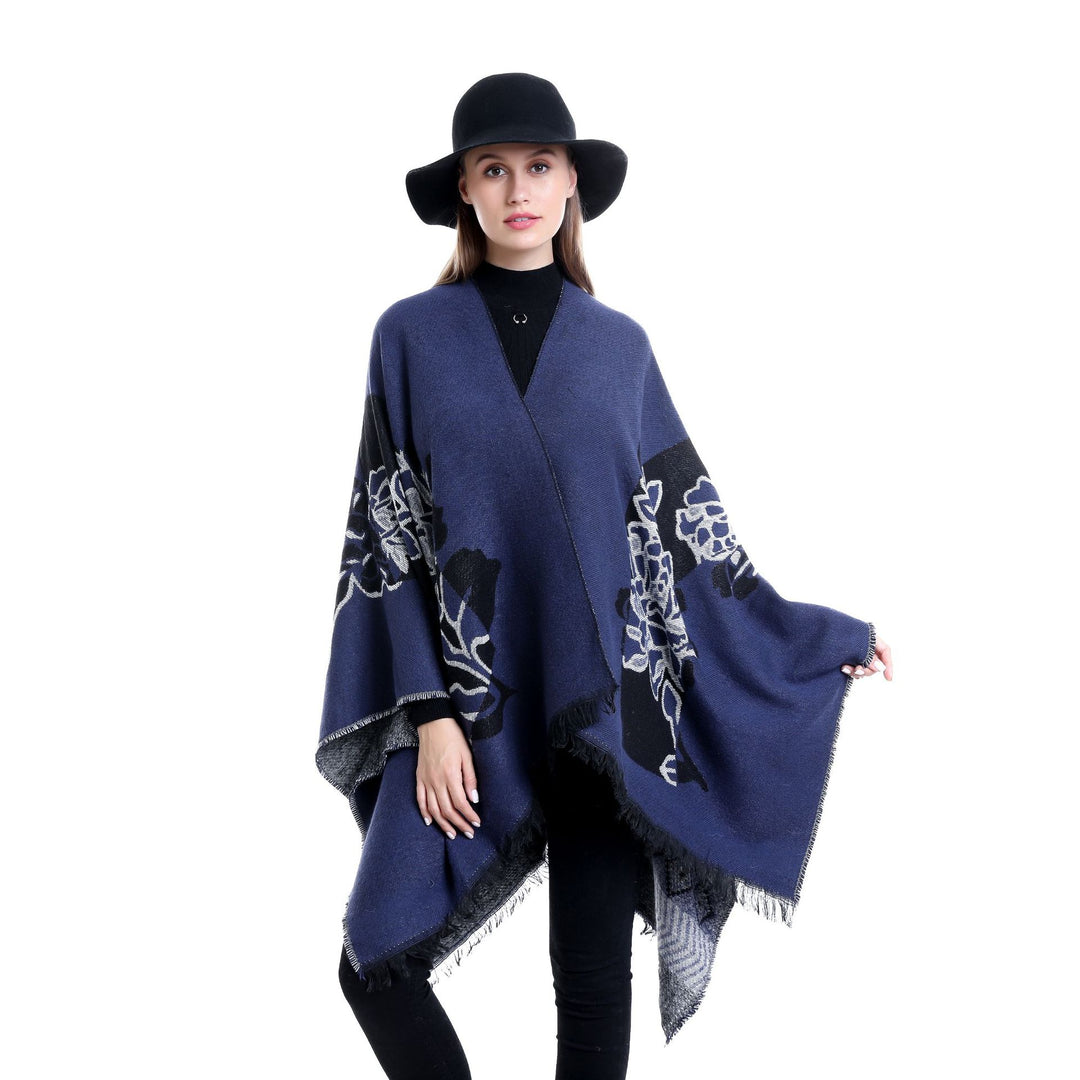 Damen Jacquard‑Ruana mit floralem Motiv, doppellagig und Fransensaum Shop Nory