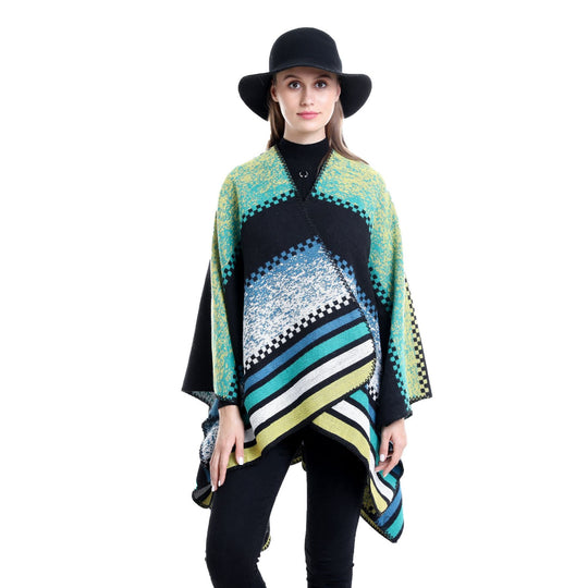 Damen Jacquard-Ruana Poncho im Oversize mit grafischem Streifen- und Ornamentmuster Shop Nory