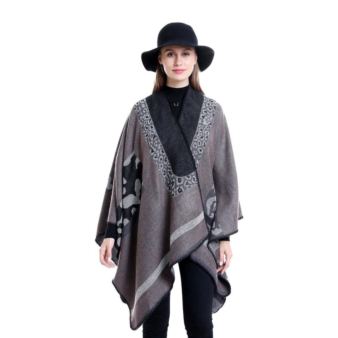 Damen Jacquard-Wollmix Ruana-Poncho mit V-Ausschnitt und Ziernaht Shop Nory