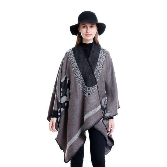 Damen Jacquard-Wollmix Ruana-Poncho mit V-Ausschnitt und Ziernaht Shop Nory