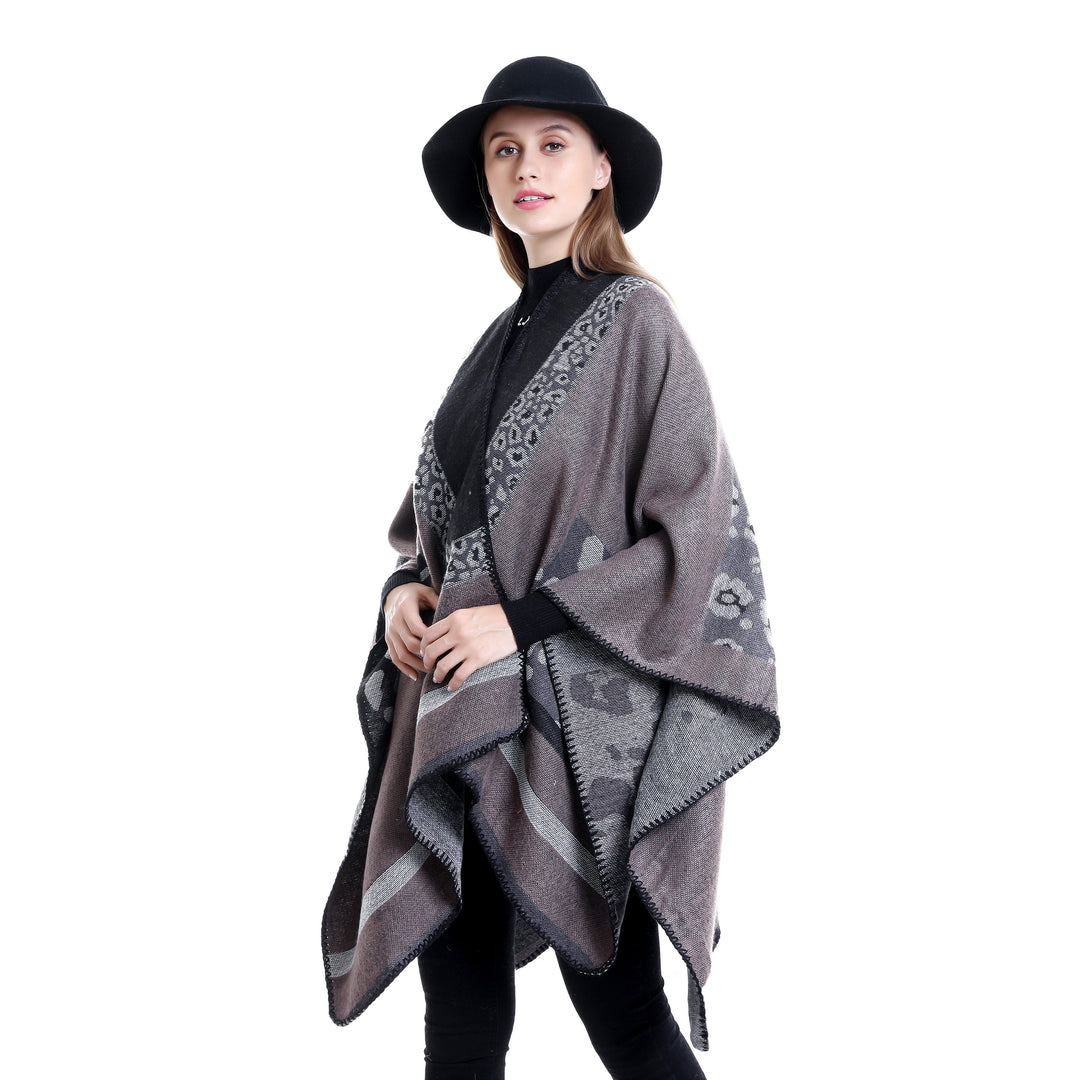 Damen Jacquard-Wollmix Ruana-Poncho mit V-Ausschnitt und Ziernaht Shop Nory