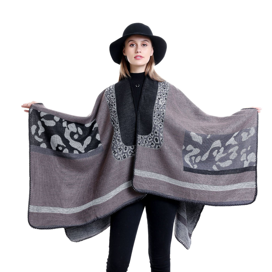 Damen Jacquard-Wollmix Ruana-Poncho mit V-Ausschnitt und Ziernaht Shop Nory