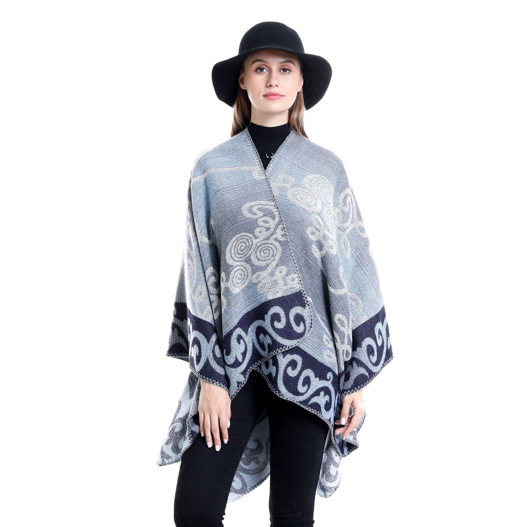 Damen Jacquard‑Ruana‑Poncho aus Wollmix mit asymmetrischem Zipfelsaum Shop Nory