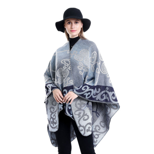 Damen Jacquard‑Ruana‑Poncho aus Wollmix mit asymmetrischem Zipfelsaum Shop Nory