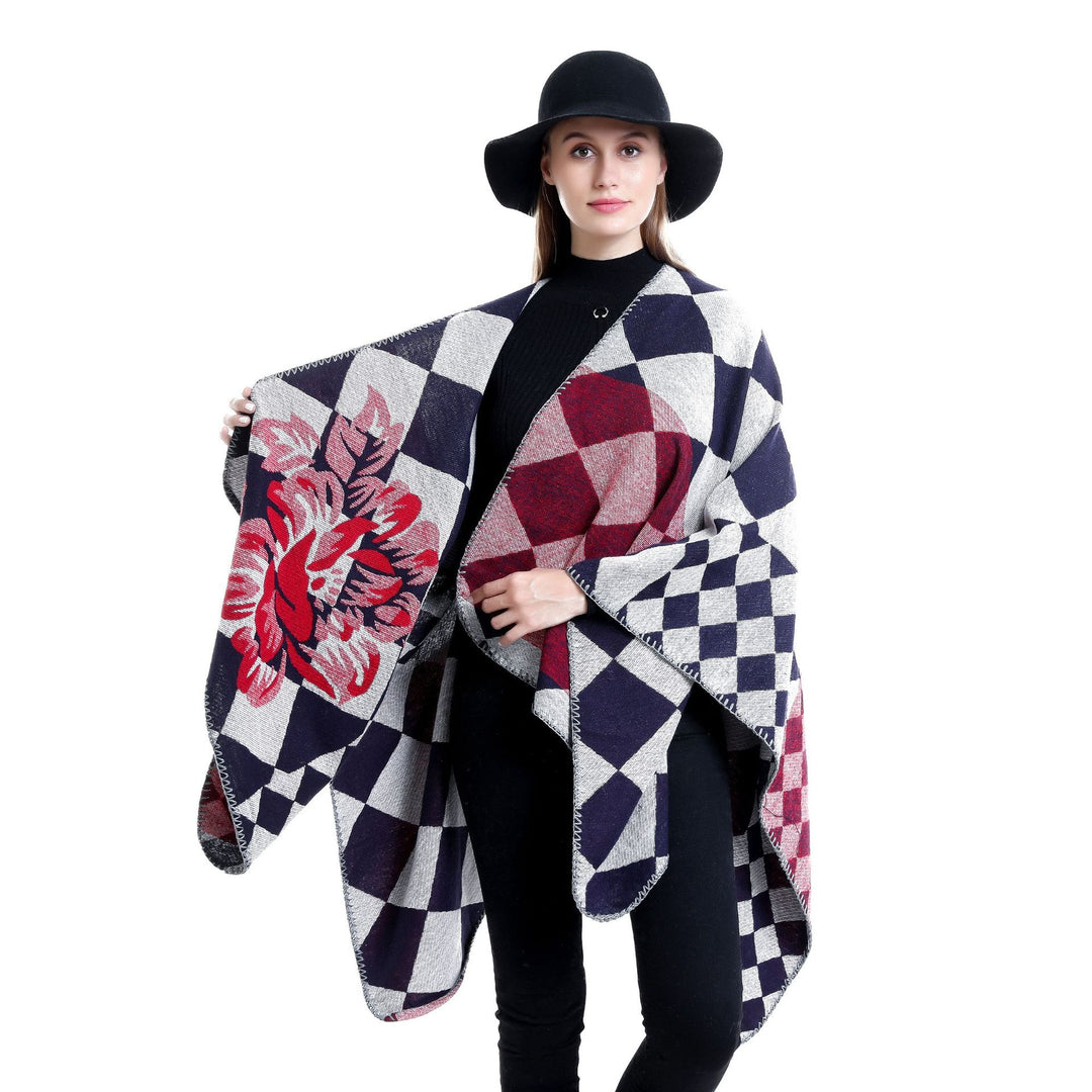Damen Oversize-Ruana im Jacquard mit Karomuster und floralem Allover Shop Nory