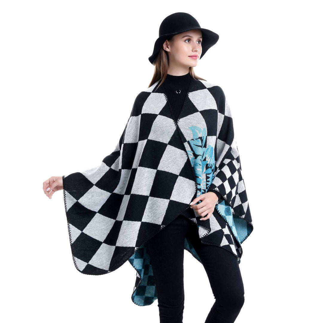 Damen Oversize-Ruana im Jacquard mit Karomuster und floralem Allover Shop Nory