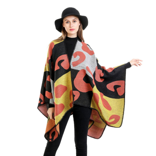 Damen Oversize-Ruana mit abstraktem Grafikjacquard und dekorativer Kettelnaht Shop Nory