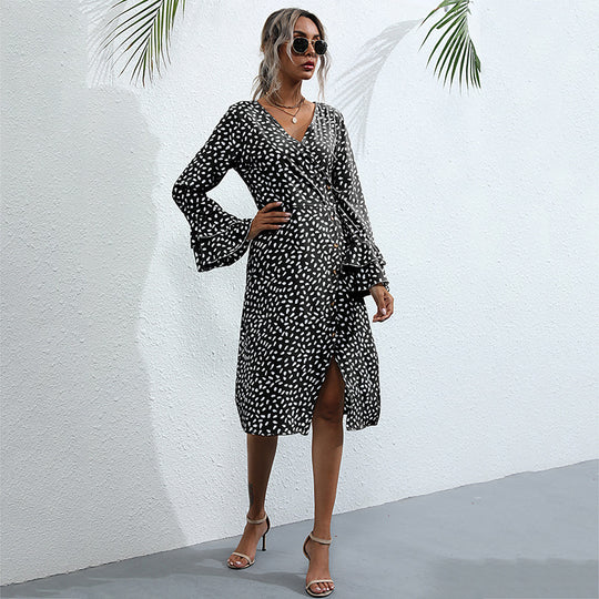 Damen Midi-Wickelkleid im Tupfenmuster mit Volant-Bündchen & Taillenkordel Shop Nory