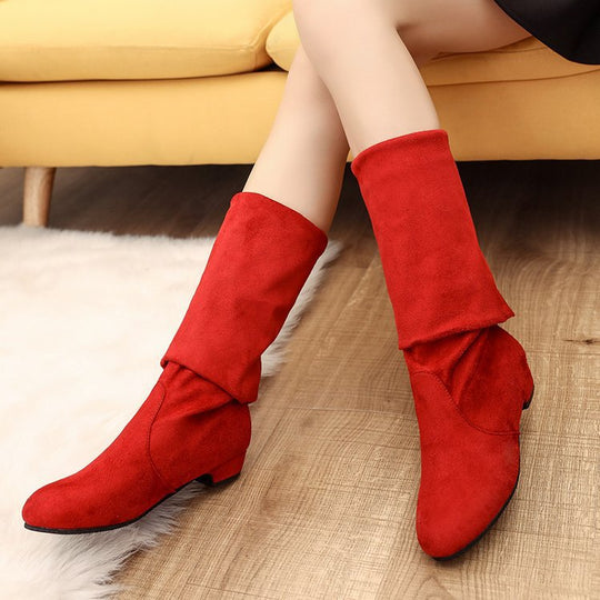 Damen Overknee-Stiefel mit weichem Veloursfinish, flachem Keilabsatz und stretchigem Schaft Shop Nory