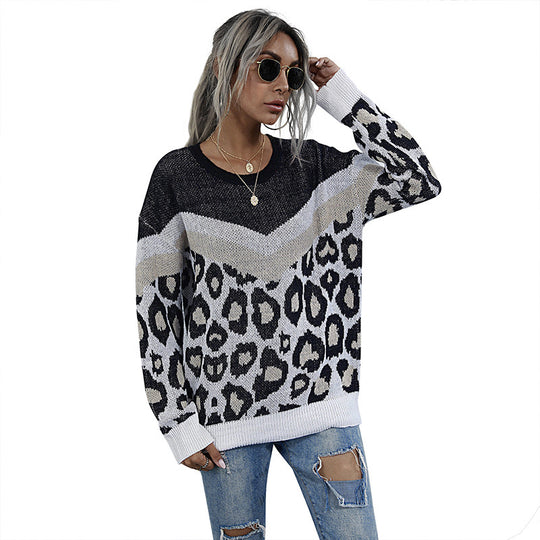 Damen Oversize Strickpullover mit Leopardenjacquard und kontrastierender V‑Blende Shop Nory