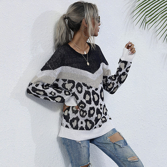 Damen Oversize-Feinstrickpullover mit Chevron-Detail und abstraktem Leoprint Shop Nory
