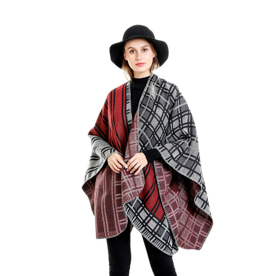 Damen Oversize-Ruana im Patch-Karo-Strick mit offenem Saum Shop Nory
