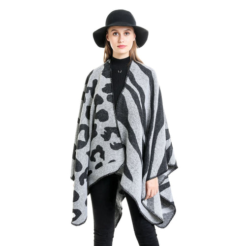 Damen Oversize‑Poncho im Revers‑Stil mit Animal‑Jacquard aus Wollmix Shop Nory