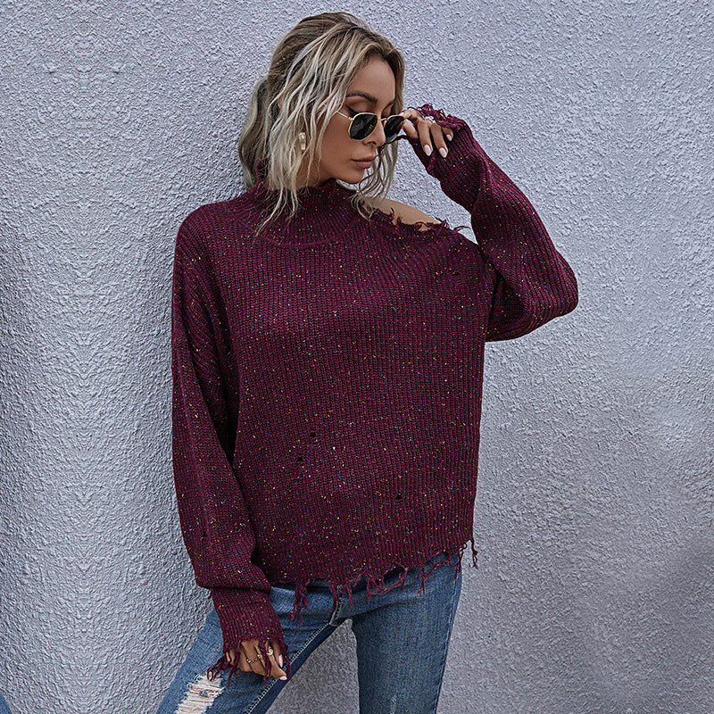 Damen Grobstrickpullover mit hohem Kragen, asymmetrischem Schultercut‑Out und ausgefranster Saum Shop Nory