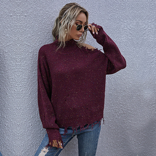 Damen Grobstrickpullover mit hohem Kragen, asymmetrischem Schultercut‑Out und ausgefranster Saum Shop Nory