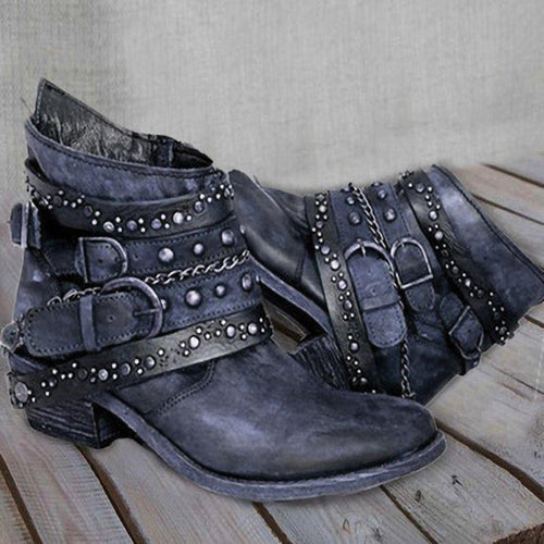 Damen nan knöchelhohe Biker-Stiefelette mit mehreren Nietenriemen, dekorativen Ketten und verstellbaren Schnallen Shop Nory
