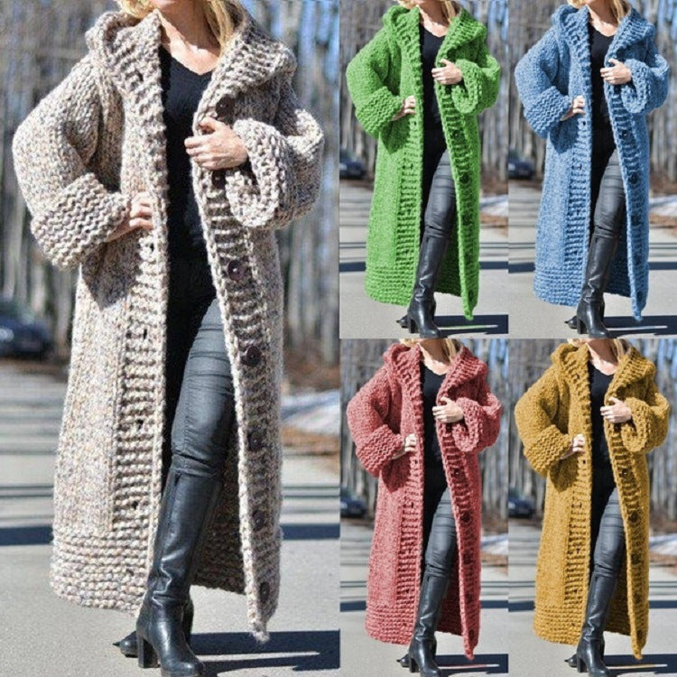 Damen Oversize Grobstrick Maximantel mit Kapuze und Knopfleiste Shop Nory