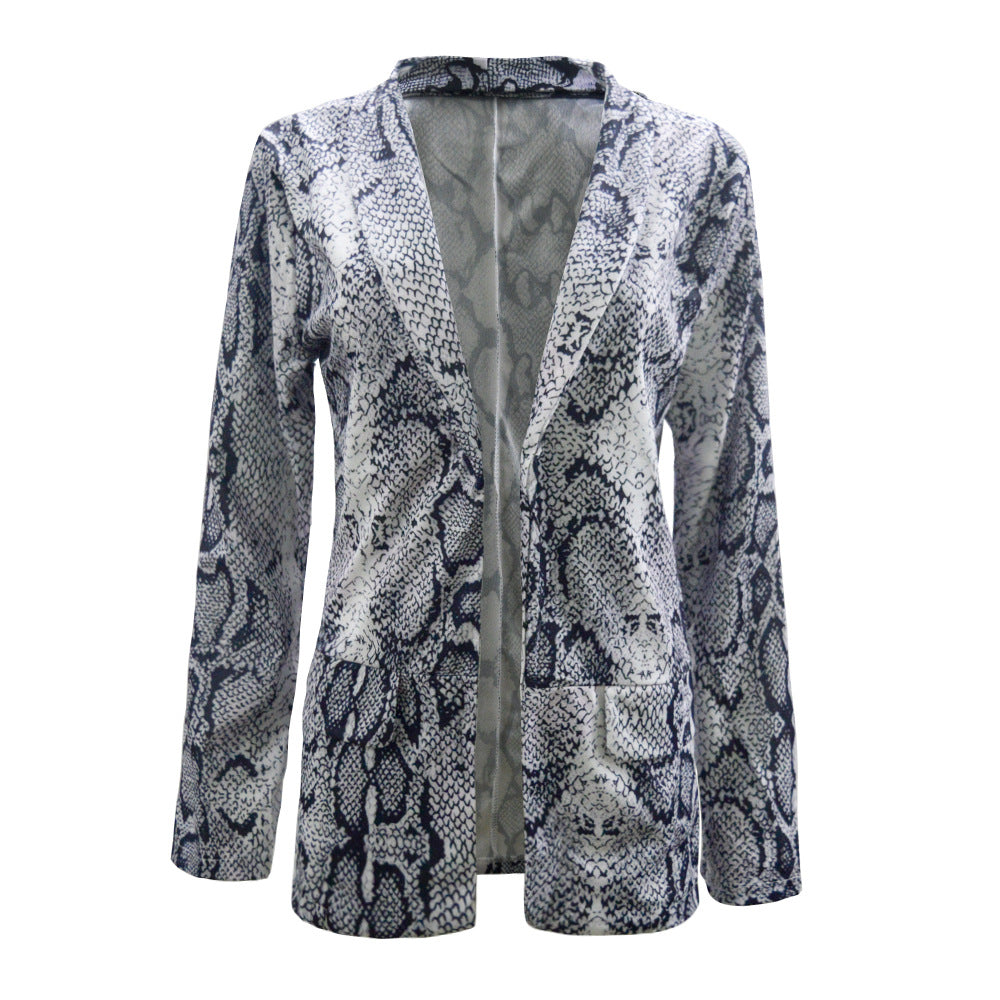 Damen Leichter Longblazer mit Schlangenprint, offener Front und aufgesetzten Taschen Shop Nory