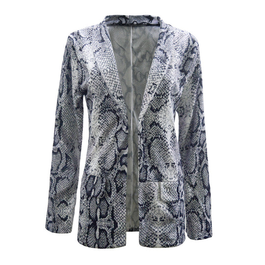 Damen Leichter Longblazer mit Schlangenprint, offener Front und aufgesetzten Taschen Shop Nory