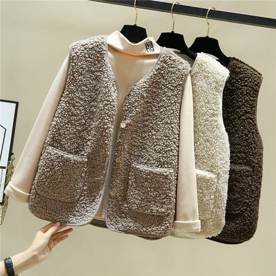 Damen kuschelige Teddyweste mit Druckknopf und aufgesetzten Taschen Shop Nory