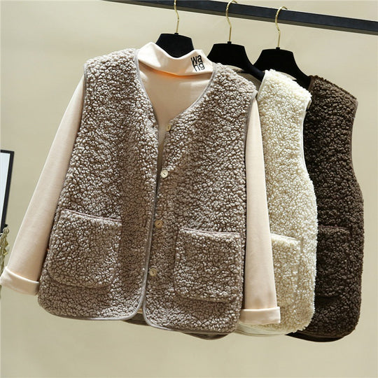 Damen kuschelige Teddyweste mit Druckknopf und aufgesetzten Taschen Shop Nory